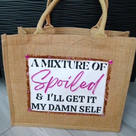 New jute tote embellished with jewel trimmed saying "A Mixture Of Spoiled" - Picture 1 of 1